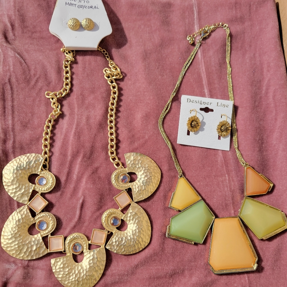Jewelry Bundle ~ 2 Each Necklaces & Pierced Earrings ~ Floral ~ Gold-Tone ~ Y2K